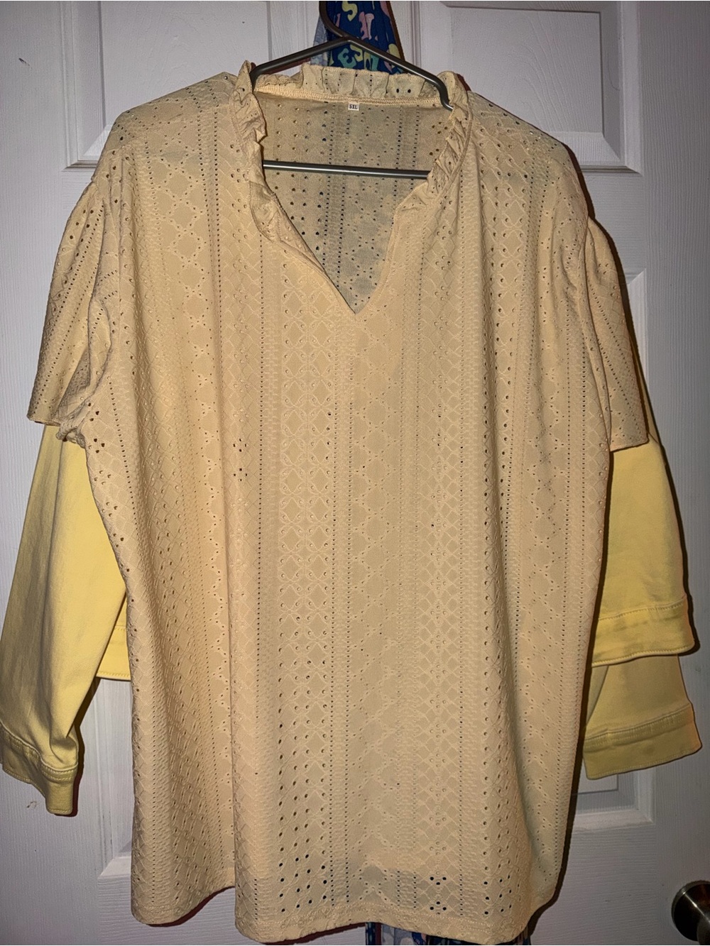 SHEIN Pale Yellow Eyelet Ruffle V-Neck Blouse